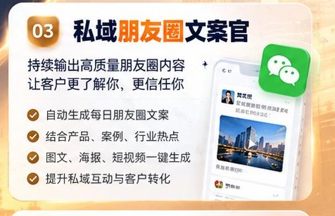 03 私域朋友圈文案官:持续输出高质量朋友圈内容,让客户更了解你、更信任你——自动生成每日朋友圈文案、结合产品案例行业热点、图文海报短视频一键生成、提升私域互动与客户转化
