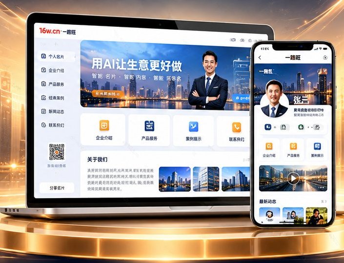 一路旺 AI 智能名片多端展示：电脑端企业官网与手机端智能名片实时同步